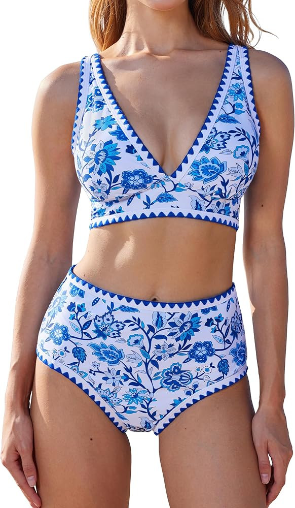 MOOSLOVER Women Bikini Sets Plunging High Waisted Swimsuit Whip Stitch 2 Piece Bathing Suits | Amazon (US)