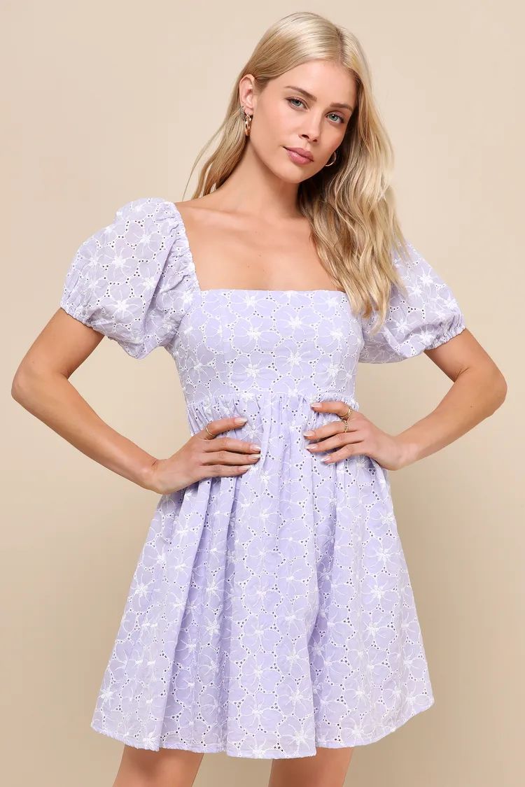 Fit to Frolic Lavender Eyelet Lace Puff Sleeve Babydoll Dress | Lulus