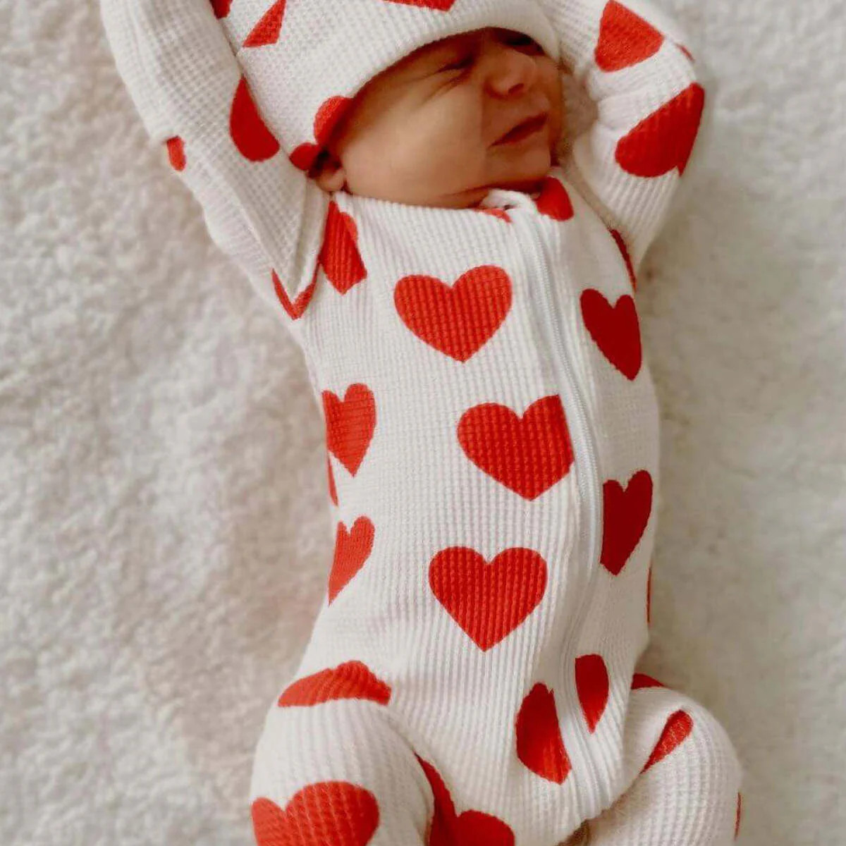 Organic Waffle 2-Way Zip Footie, Red Heart | SpearmintLOVE