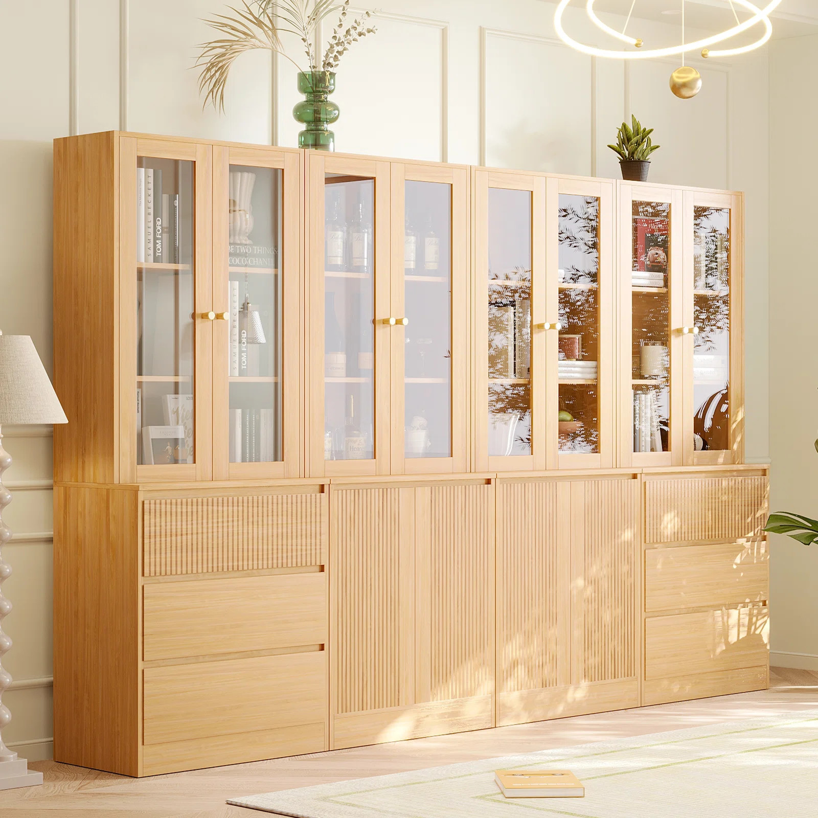 71" H X 94.5" W Bookcase Cabinet With Glass Doors & Large Storage Drawers(2A+2D) | Wayfair North America