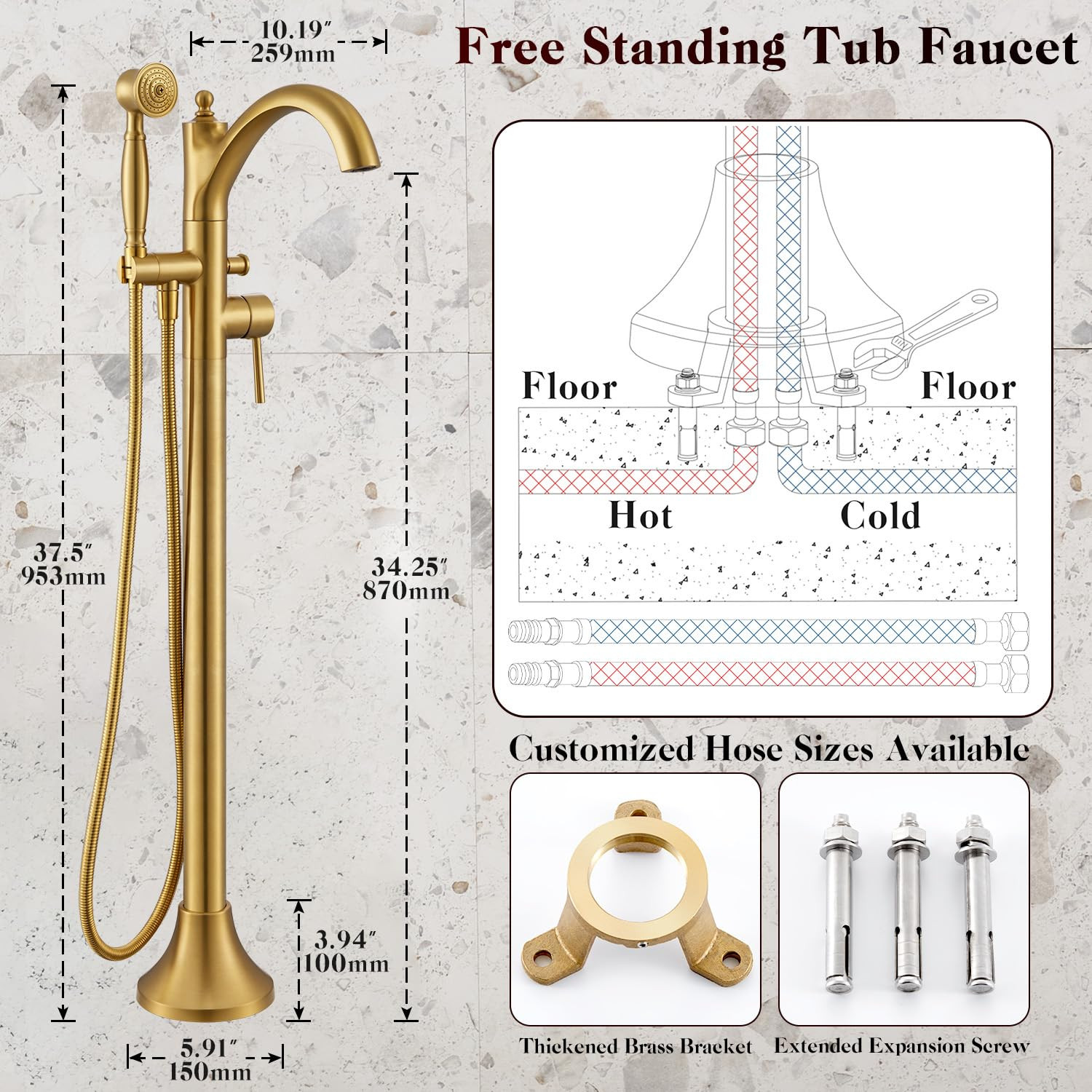 Free Standing Tub Faucet, Brushed Gold Classic Freestanding Bathtub Faucet with Vintage Hand Show... | Amazon (US)
