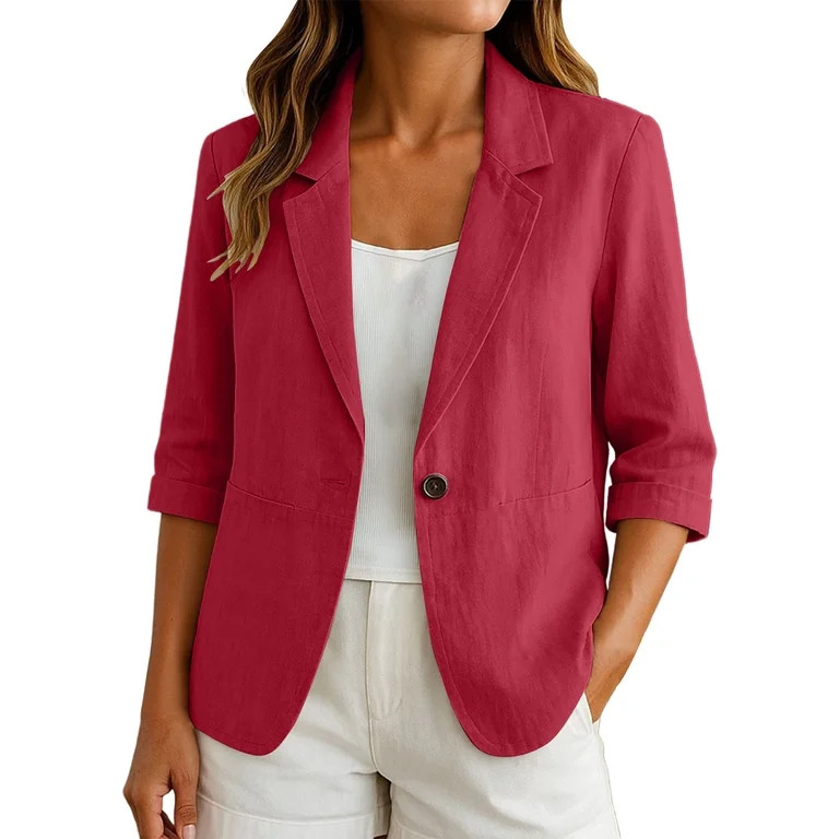 KyCheLot Cotton Linen Blazer for Women 3/4 Sleeve Lapel Neck Single Button Blazers Dressy Trendy ... | Walmart (US)