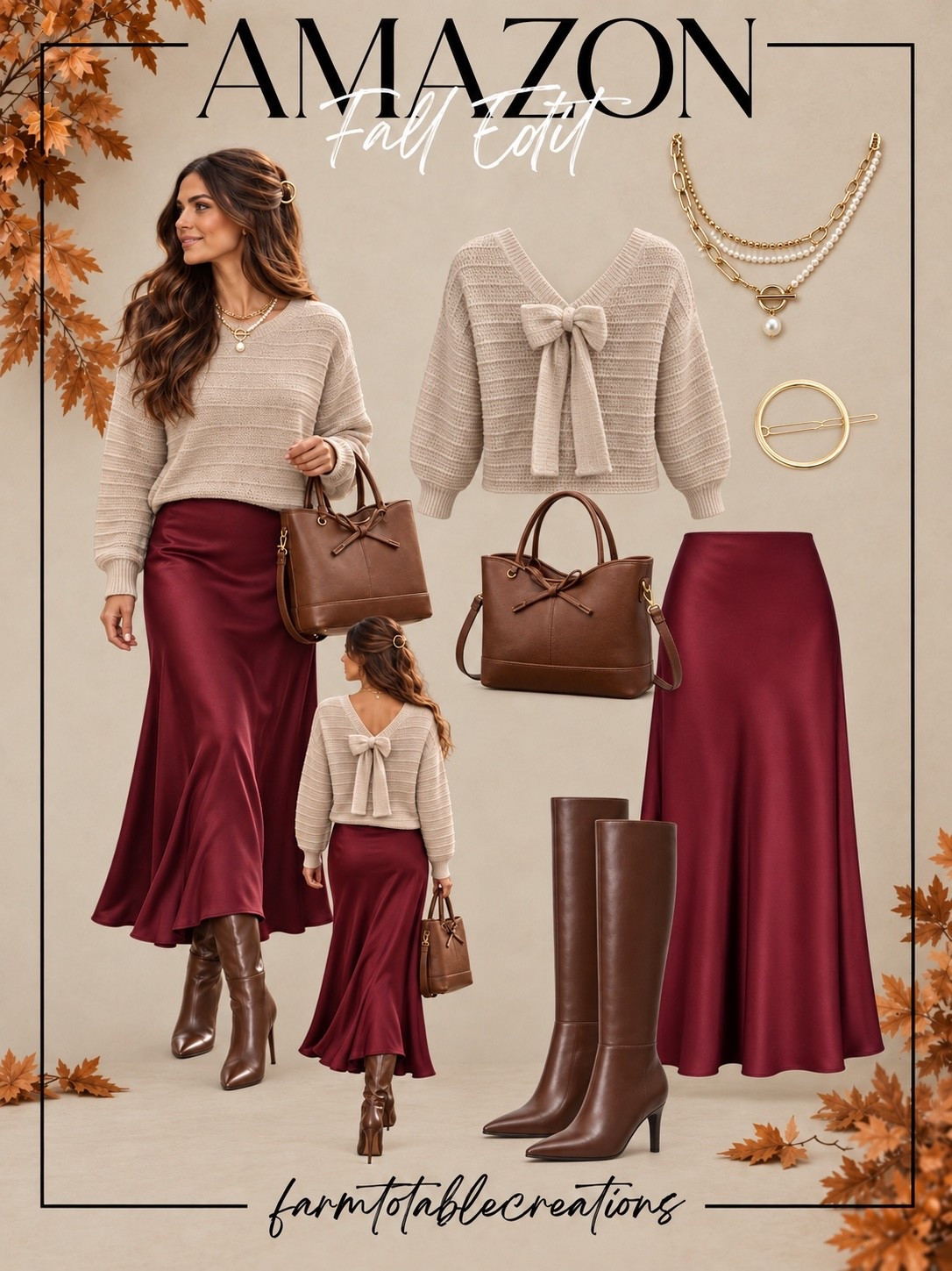 Fall Family Photo Outfit 🍂🤎

This Amazon fall family photo outfit is such a beautiful option for coordinating without looking overly matched! The soft neutral sweater paired with a rich burgundy satin skirt brings warmth and movement to photos, while the chocolate brown boots and handbag add that perfect autumn contrast.

The bow detail on the back of the sweater makes the look especially pretty from every angle, and the delicate layered jewelry and gold hair accessory add a polished finishing touch. This color palette would pair beautifully with creams, camel, chocolate brown, olive, and denim for the rest of the family.

Follow @farmtotablecreations on Instagram for more cozy home finds and trending decor.

#LTKStyle #AmazonFashion #AmazonFinds #FamilyPhotoOutfit #FallFamilyPhotos #FamilyPhotoInspo #FallPhotoOutfit #FallOutfit #FallFashion #AmazonStyle #BurgundyOutfit #FallFamilyOutfits #FamilyPictureOutfits #SweaterWeather #LTKFinds

#LTKSeasonal #LTKOver40 #LTKmomlife