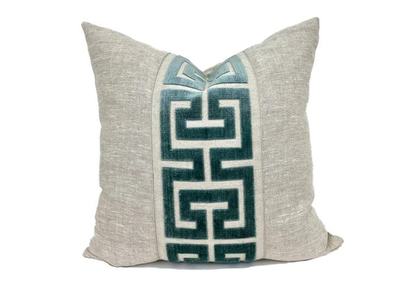 Oatmeal Linen Pillow Cover with Large Mist Greek Key Trim | Etsy | Etsy (US)