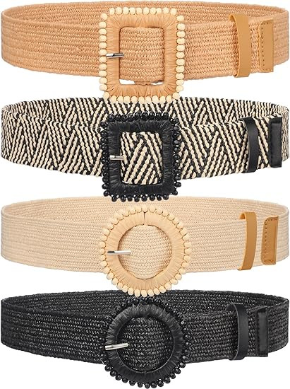 WILLBOND 4 Pcs Straw Woven Belt Elastic Stretch Rattan Buckle Waist Belt Women Skinny Raffia Dres... | Amazon (US)