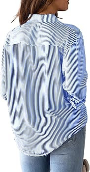 Womens Button Down Shirts Cotton Striped Dress Shirt Long Sleeve Collared Office Work Pinstripes ... | Amazon (US)