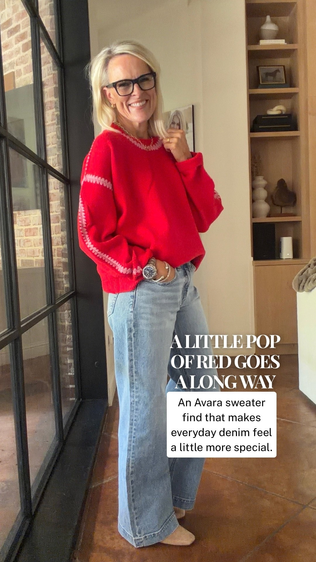 Another red sweater to love! ❤️ I’m clearly drawn to a pop of red this season, and this Avara sweater is such a fun find. I love the pretty detailing along the neckline and sleeves, paired with relaxed light-wash jeans for an easy, everyday look.

#LTKootd #LTKOver40