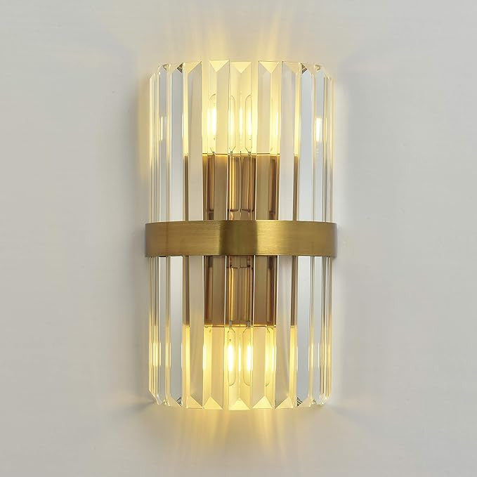 FERWVEW 2 Lights Brass Gold Crystal Wall Sconce, Modern Vanity Lighting Fixture with Crystal Shad... | Amazon (US)