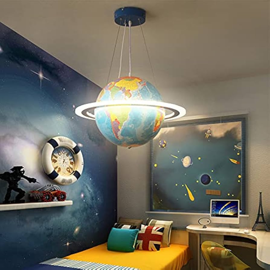 LITFAD Modern Kids LED Pendant Light Chandelier Blue Ringed Earth Planet Hanging Light with PVC S... | Amazon (US)