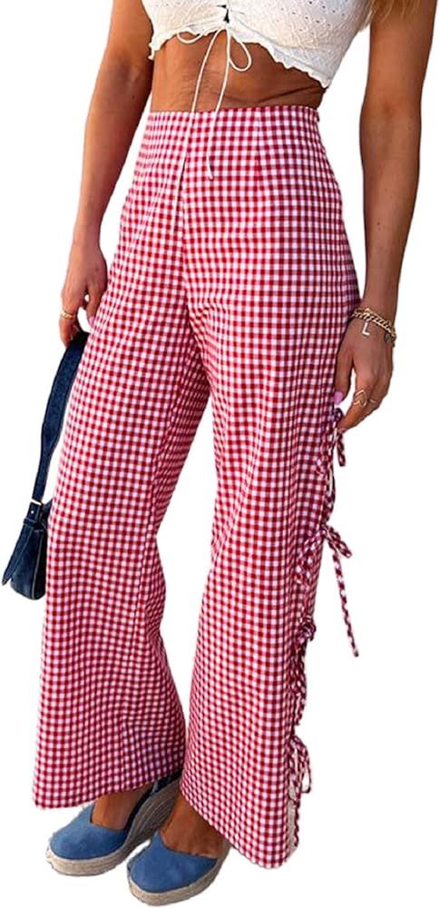 Women Y2k Plaid Print Long Pants Side Tie Bow Wide Leg Pants High Waist Gingham Trousers Lounge P... | Amazon (US)