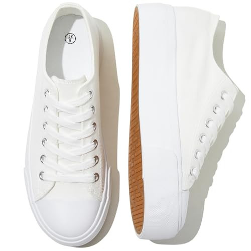 SERNIAL Women's White Platform Sneakers Low Top Platform Shoes Lace Up Canvas Shoes for Women(Full White/White,US9) | Amazon (US)