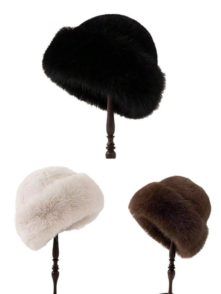 1 pièce Chapeau seau en fourrure moelleuse et chaude pour femmes de grande taille, mode et polyv... | SHEIN