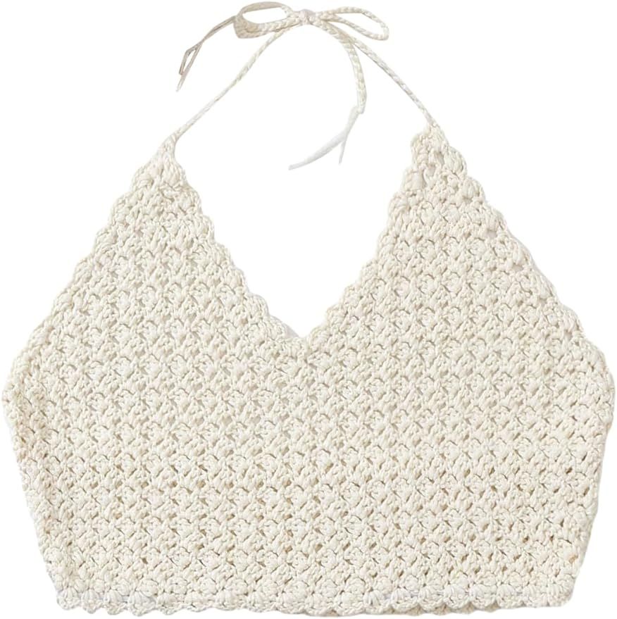 SHENHE Women's Crochet Swim Cover Up Halter Top Tie Backless Cute Summer Beach Crop Top | Amazon (US)