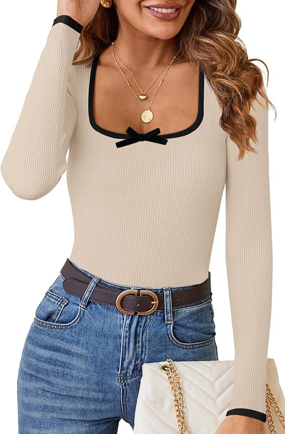 HAEOF Womens 2024 Fall Long Sleeve Ribbed Knit Sweaters Dressy Casual Square Neck Slim Fit Shirts... | Amazon (US)