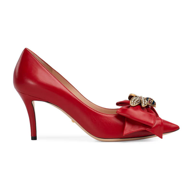 Leather mid-heel pump with bow | Gucci (US)