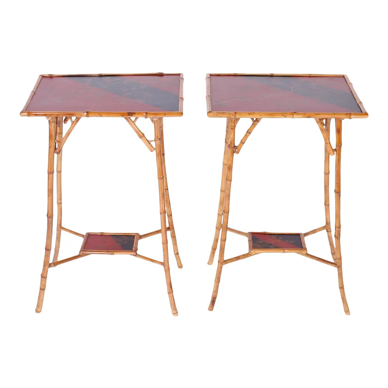 Bamboo Tables with Red and Black Lacquer Motif - A Pair | Chairish