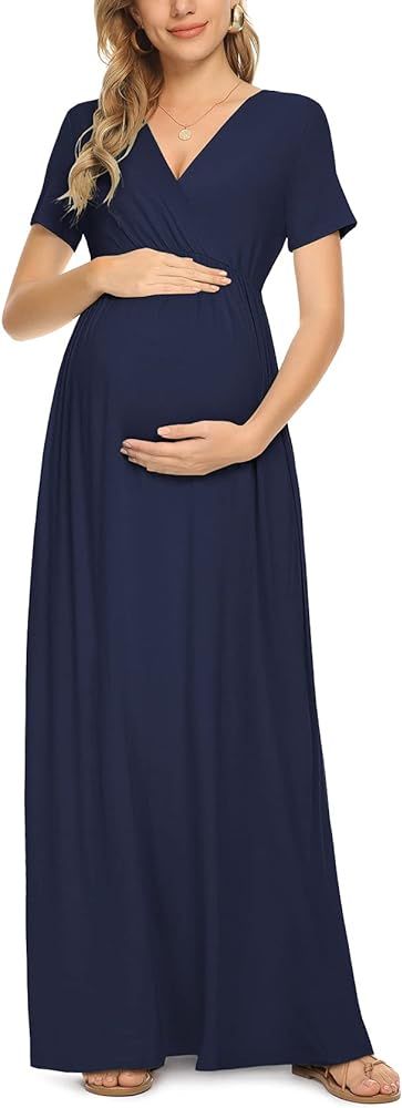 Xpenyo Women's Casual Maternity Maxi Dress V Wrap Baby Shower Pregnancy Dresses | Amazon (US)
