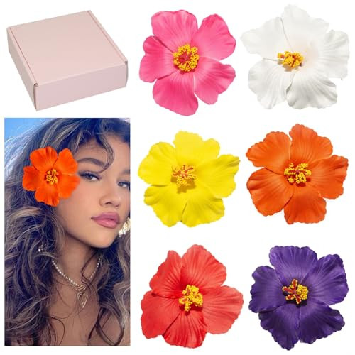 Hawaiian Flower Hair Clips for Women, 6Pcs Plumeria Claw Clips for Think Thin Hair, 3.5 Inch Artificial Flower Clips for Vacation Beach Party (Hibiscus) | Amazon (US)