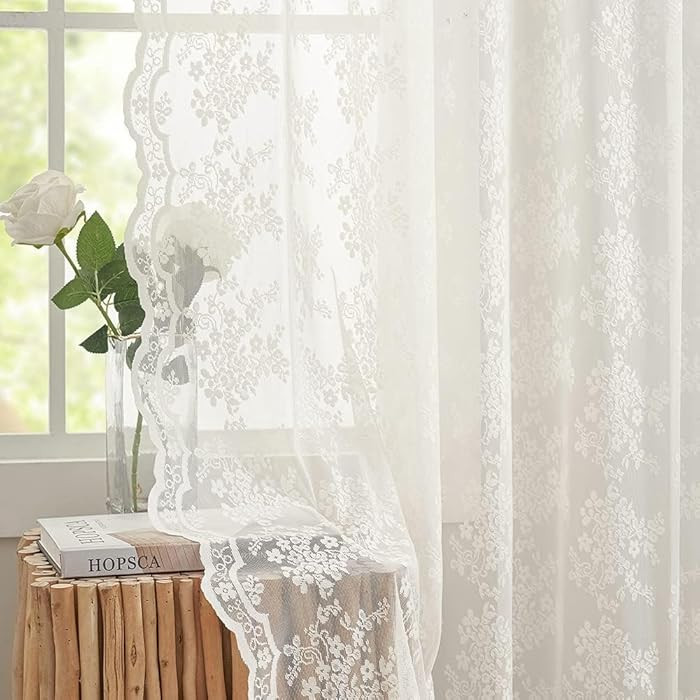102 Inch Long Lace Curtains Custom Length Fancy Flower Pattern Sheer Drapes Farmhouse Ivory Cream... | Amazon (US)