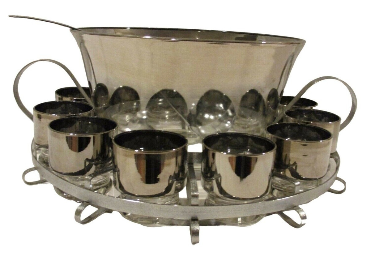 Mid Century Silver Fade Complete Punch Bowl Set Dorothy Thorpe Vintage Retro 15p | eBay US