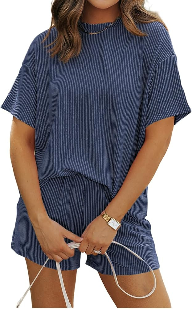 SHEWIN Two Piece Sets for Women Summer Short Sleeve Shirts High Waisted Shorts with Pockets Pajam... | Amazon (US)