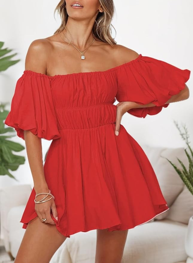 Dokotoo Womens Off The Shoulder Summer Dresses 2024 Short Lantern Sleeve Ruffle Elastic Waist A-L... | Amazon (US)