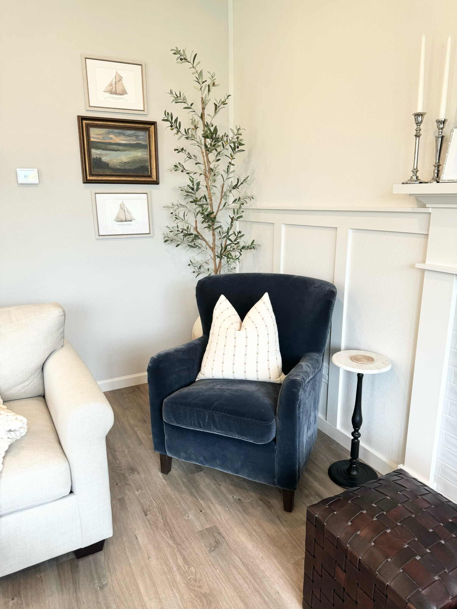 Living room, blue, chair for a king, traditional, transitional, faux tree, pottery barn, pillow covers

#LTKHome