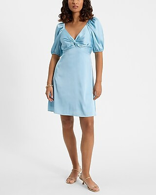 Satin V-Neck Puff Sleeve Twist Front Mini Fit and Flare Dress | Express