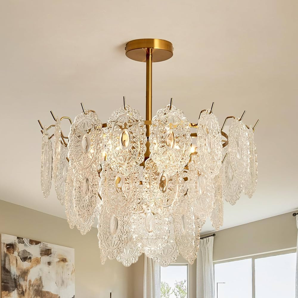 YYJLX 7 Light Crystal Chandelier Antique Gold Semi Flush Mount Ceiling Light Fixture E12 Vintage ... | Amazon (US)