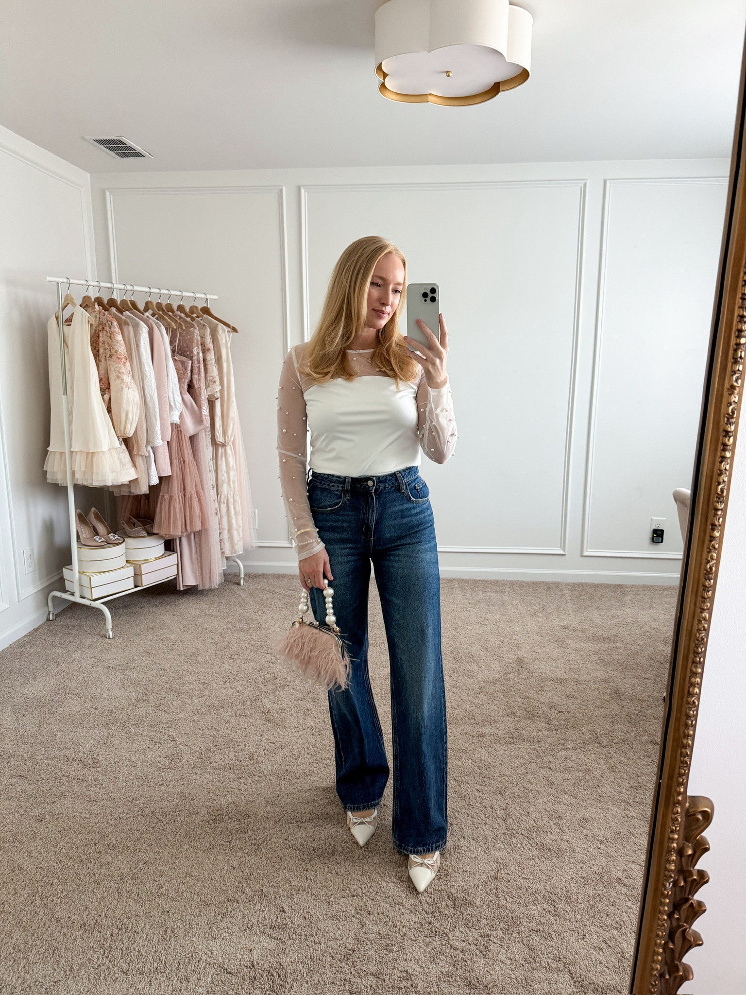 The prettiest date night look from Vici! Love the pearl detail on this top and bag. Wearing size small in the top and size 4 in the jeans. Use my code STRAWBERRYCHIC25 for 25% off your Vici order. Winter outfits // elevated outfits // date night outfits // girls night out outfits // holiday outfits // Vici collection // wide leg jeans 

#LTKSeasonal #LTKHoliday #LTKStyleTip