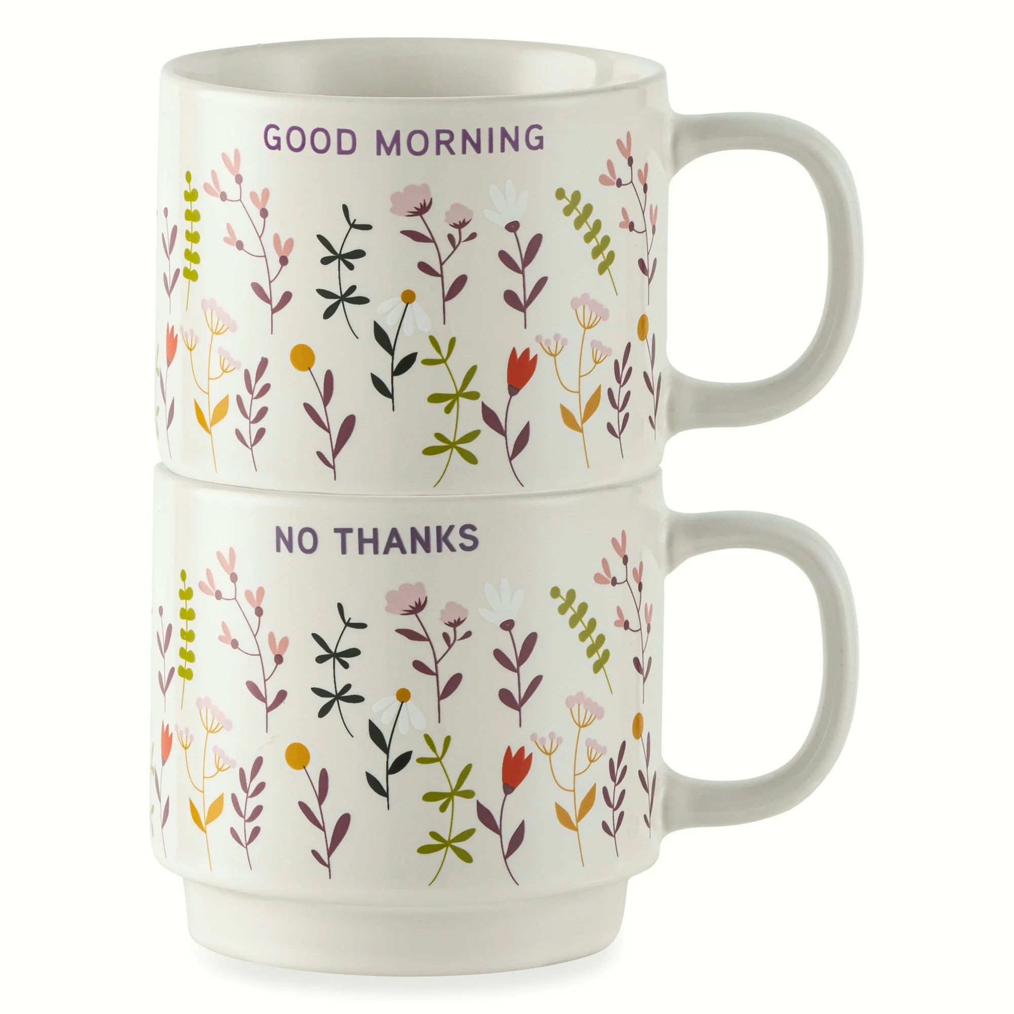 Thyme & Table 2 Pack Stacking Good Morning and No Thanks with Flowers Cream Mugs 14.2 fl oz, Ston... | Walmart (US)