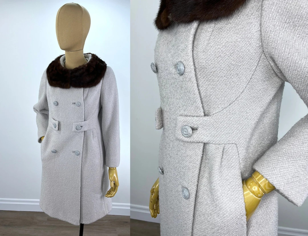 Vintage 1960s Dove Grey Boucle Coat With Beautiful Fur Trimmed Collar, Double Breast Stance, Deco... | Etsy (US)