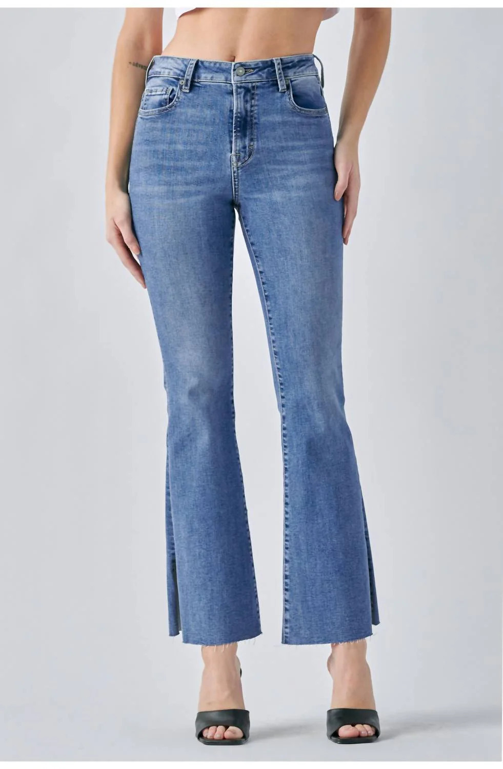 Side Slit Flare Jean In Medium Dark | Shop Simon