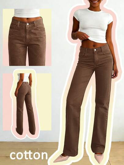 Spring Women's Mid Rise Vintage Straight Leg Jeans, Slim Fit High Waist Effect Minimalist Casual ... | SHEIN