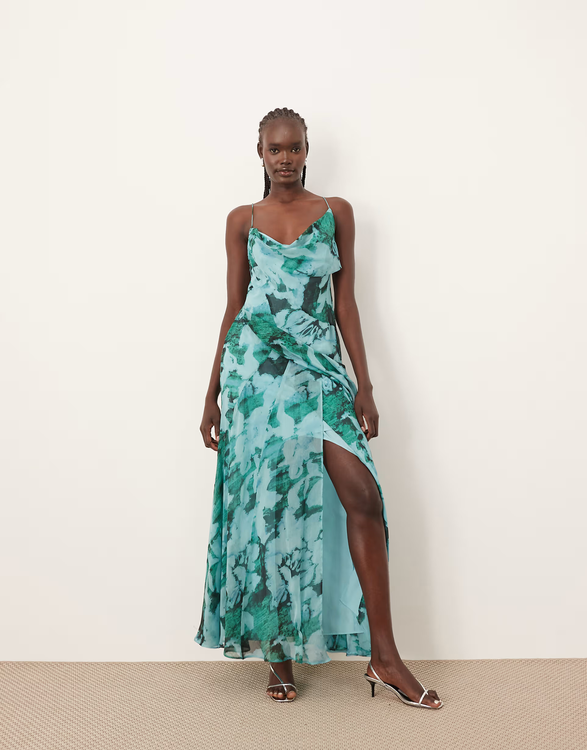 ARRANGE chiffon cami asymmetric drape maxi dress in blue abstract print | ASOS (Global)