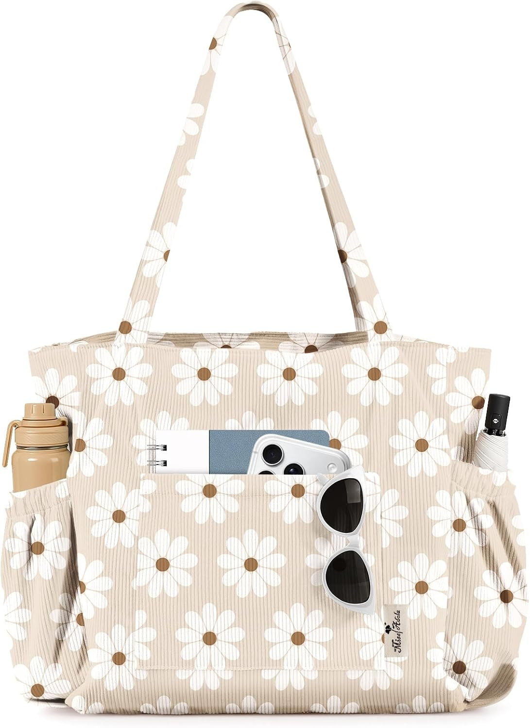 Miss Adola Cute Corduroy Tote Bag for Women Multi-Pocket with Zipper | Amazon (US)