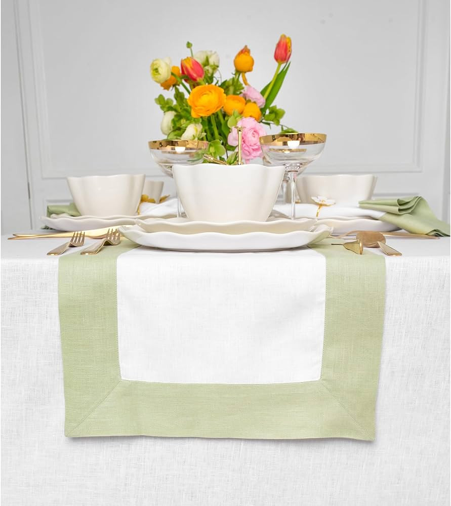 Solino Home Linen Table Runner 90 inches Long – 100% Pure Linen Sage Green and White Table Runn... | Amazon (US)