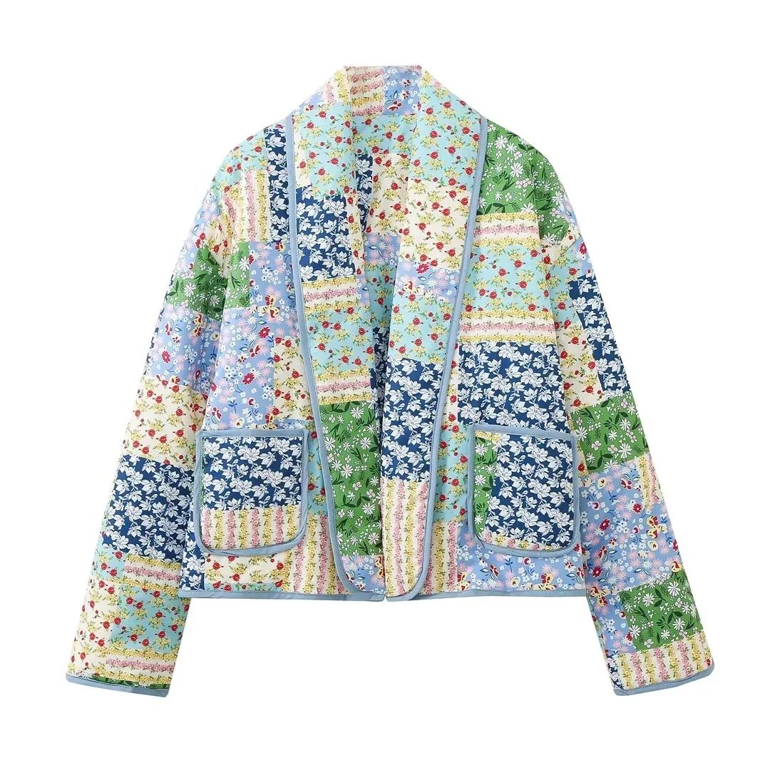 Quilted Floral Padded Jacket Colorful Patchwork Flowers Long Sleeve Pocket Coat | eBay US