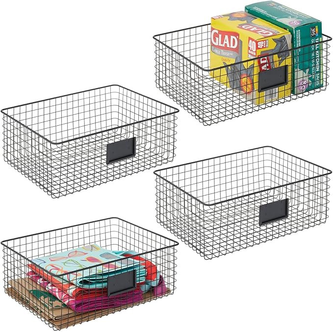 mDesign Wide Steel Wired Storage Organizer Bin Baskets with Label Slot for Kitchen Pantry, Cabine... | Amazon (US)