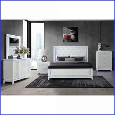 Queen 5-Piece White Contemporary Bedroom Set with LED Lights & Tufted Design | White | Standard Beds | Wayfair North America