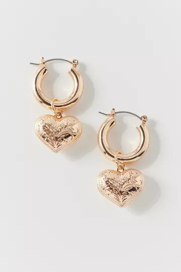 Etched Heart Charm Hoop Earring | Urban Outfitters (US and RoW)