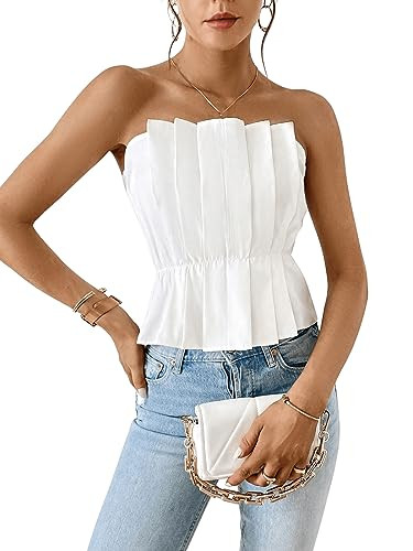 SweatyRocks Women's Strapless Pleated Tube Top Elegant Summer Flare Hem Crop Tank Tops | Amazon (US)