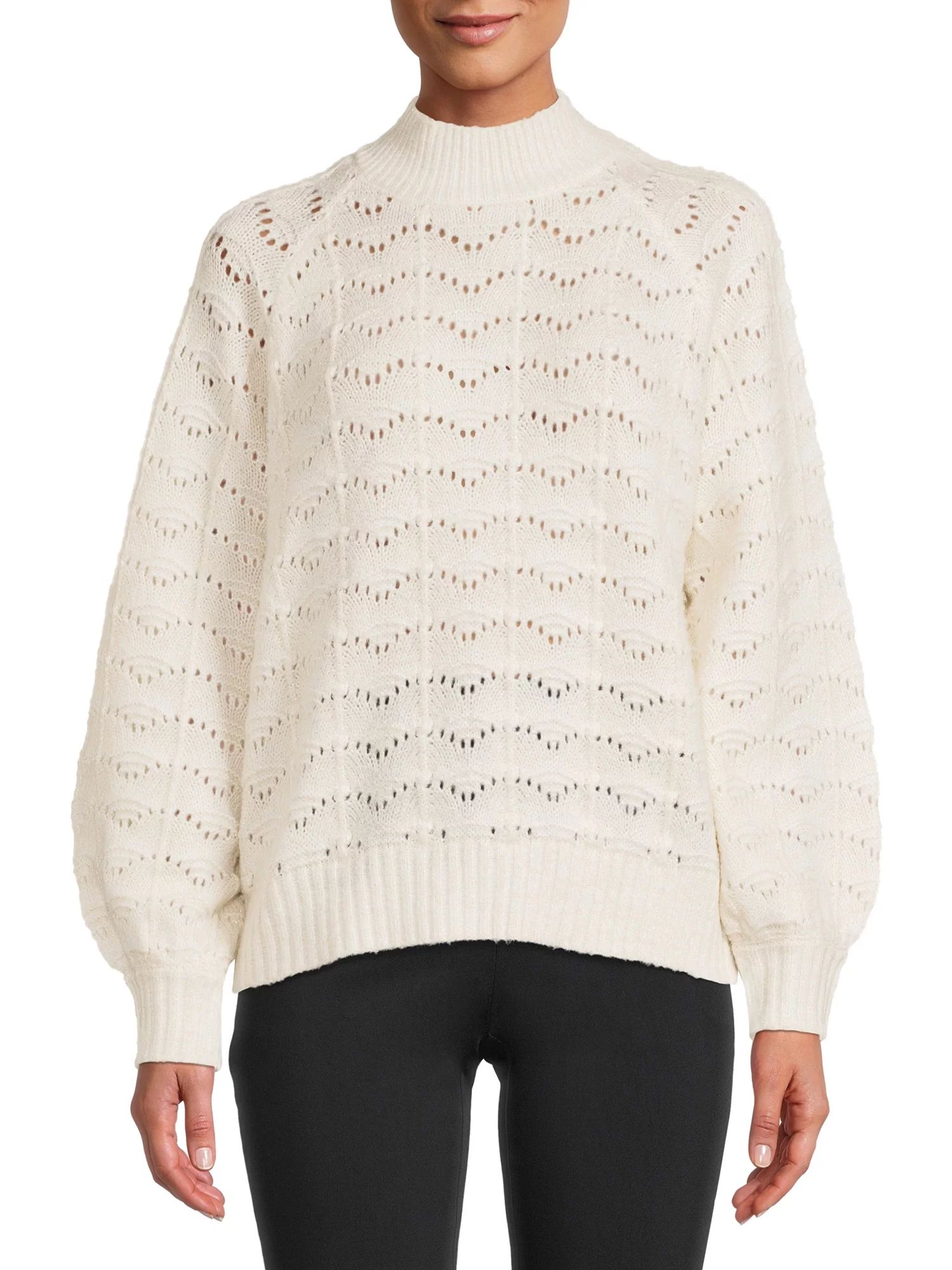 Time and Tru Women's Pointelle Lurex Crew Neck Sweater | Walmart (US)