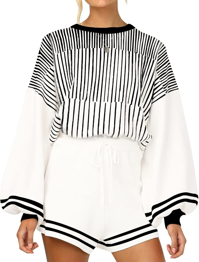Gihuo Women' s Striped 2 Piece Outfits Crewneck Knit Pullover Sweater Shorts Set | Amazon (US)