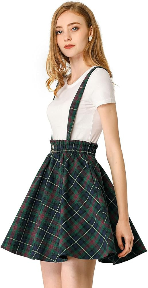 Allegra K Women's Christmas Plaid Pleated Mini Tartan Overall Skater Suspender Skirt | Amazon (US)