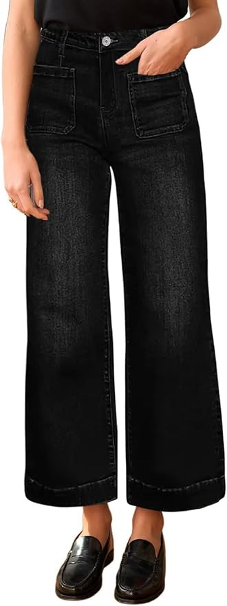 Allimy Women's High Waisted Cropped Wide Leg Jeans Stretchy Loose Denim Pants with Front Patch Po... | Amazon (US)