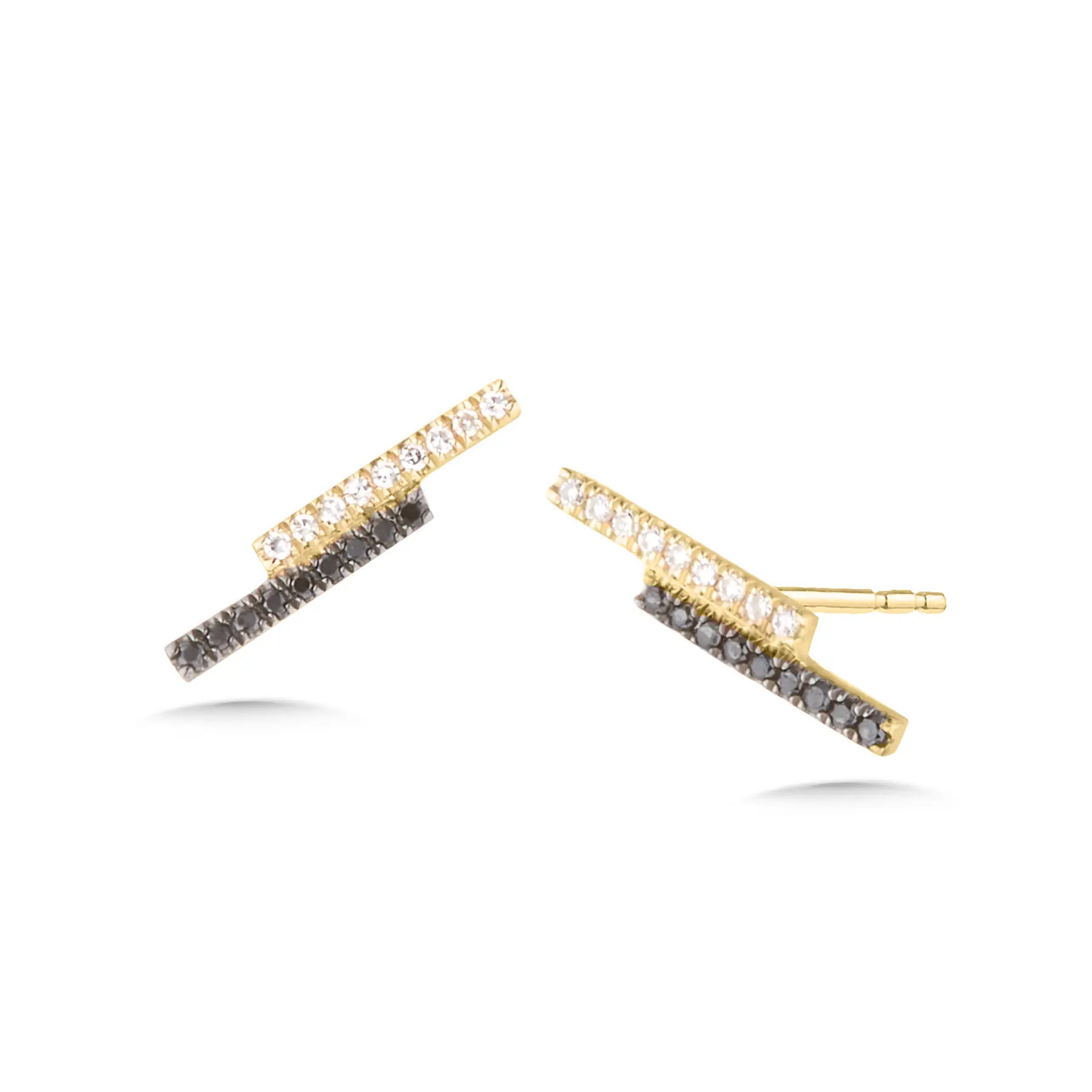 14K YG Black Diamond Bypass Bar Stud Earring | Petra Jewelry