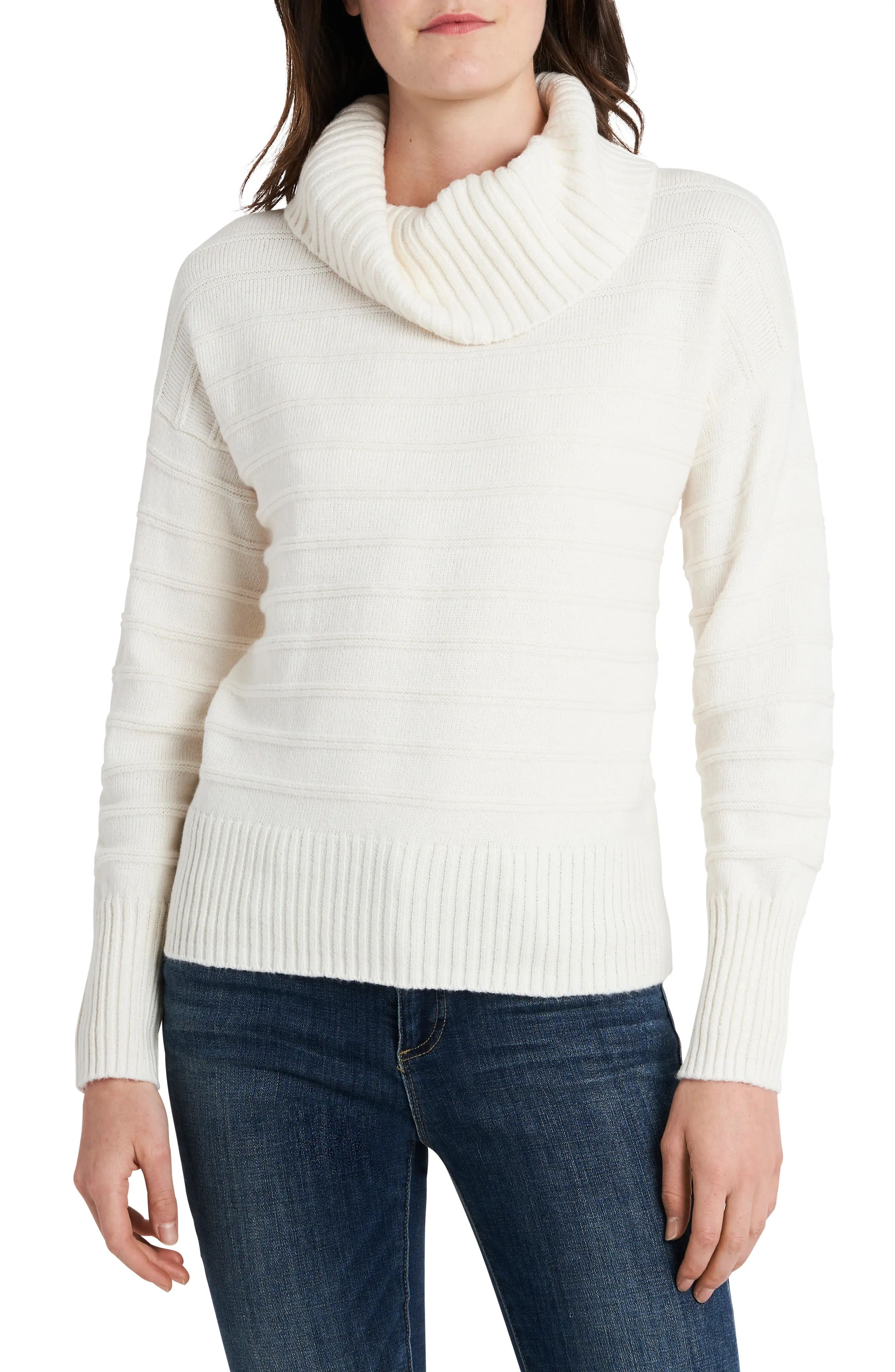 Vince Camuto Texture Stripe Cotton Blend Cowl Neck Sweater, Size X-Small in Antiq White at Nordstrom | Nordstrom