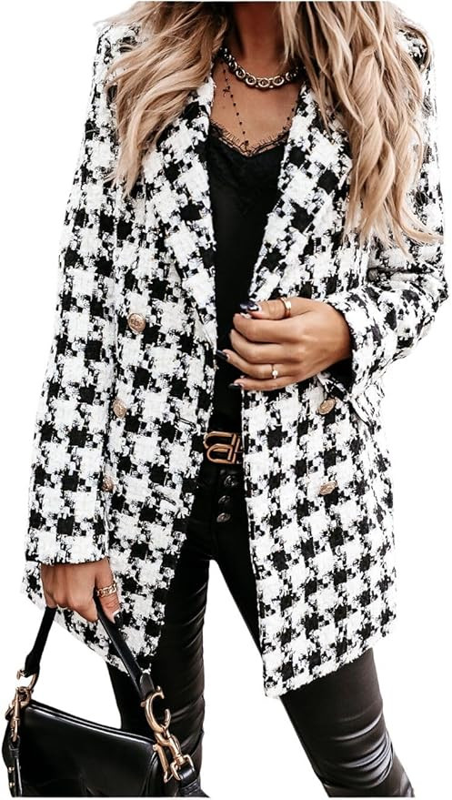 utcoco Womens 2024 Fashion Tweed Blazers Business Casual Double Breasted Open Front Plaid Blazer ... | Amazon (US)