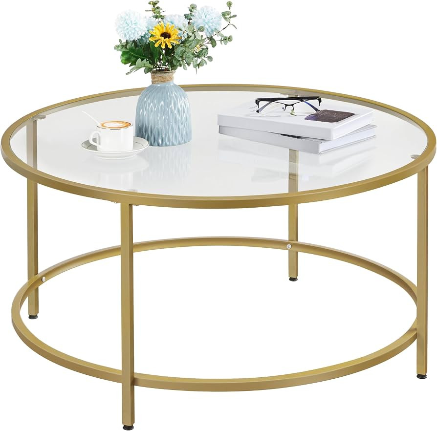 Yaheetech Gold Glass Coffee Table for Living Room, 36" Round Glass Coffee Table with Metal Frame,... | Amazon (US)